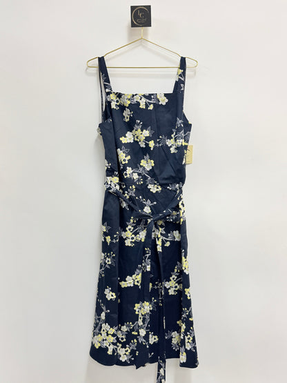 Lynn's Closet Boutique Rachel Roy navy floral midi dress with square neckline, adjustable straps, and waist tie.