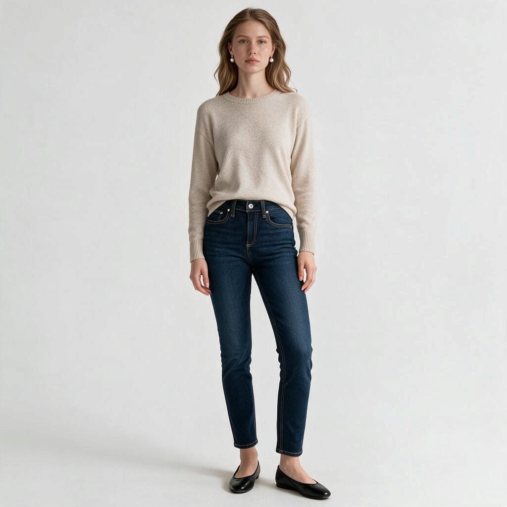 Model wearing Lynn's Closet Boutique Rag & Bone dark wash mid-rise slim-leg jeans with a beige sweater and flats.