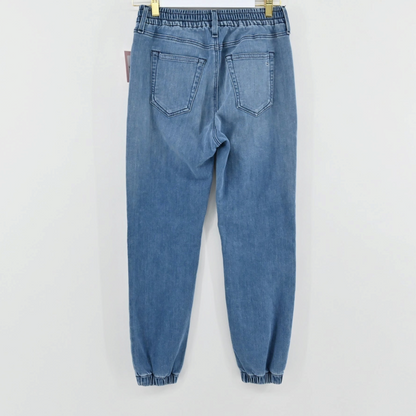 Lynn's Closet Boutique Rag & Bone medium-wash blue denim joggers with elastic waistband and cuffs, back view.