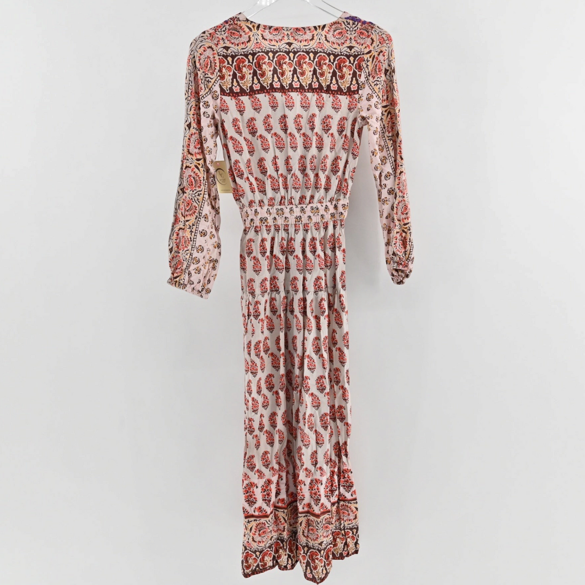 Lynn's Closet Boutique Anthropologie Raga bohemian maxi dress with earthy peach and red paisley print and long sleeves