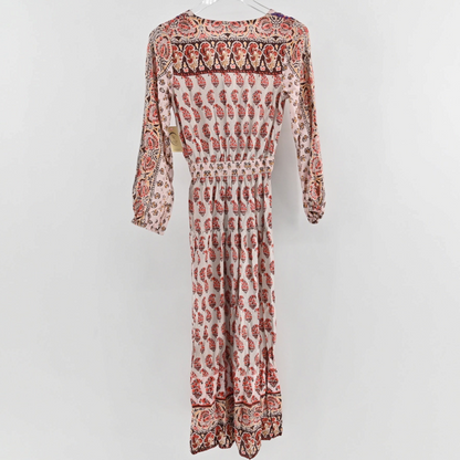 Lynn's Closet Boutique Anthropologie Raga bohemian maxi dress with earthy peach and red paisley print and long sleeves