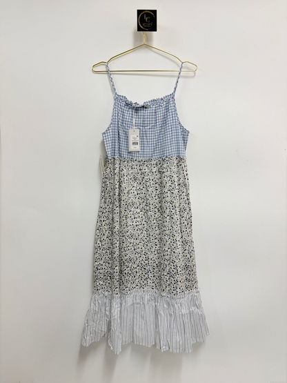 Lynn's Closet Boutique Rails Dora midi dress with blue gingham bodice, floral mid-section, and striped ruffled hem.