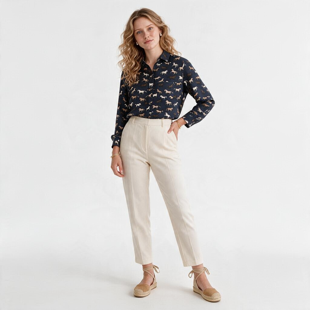 Model wearing a Lynn's Closet Boutique Rails navy silk button-down shirt with a horse print and cream trousers.