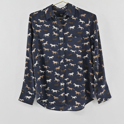 Lynn's Closet Boutique Rails Kate navy silk button-down shirt featuring a whimsical horse print and classic collar.