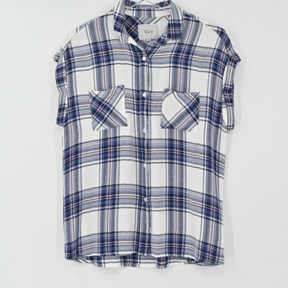 Lynn's Closet Boutique Rails Britt sleeveless plaid button-down shirt in white, navy, and red soft-touch fabric.