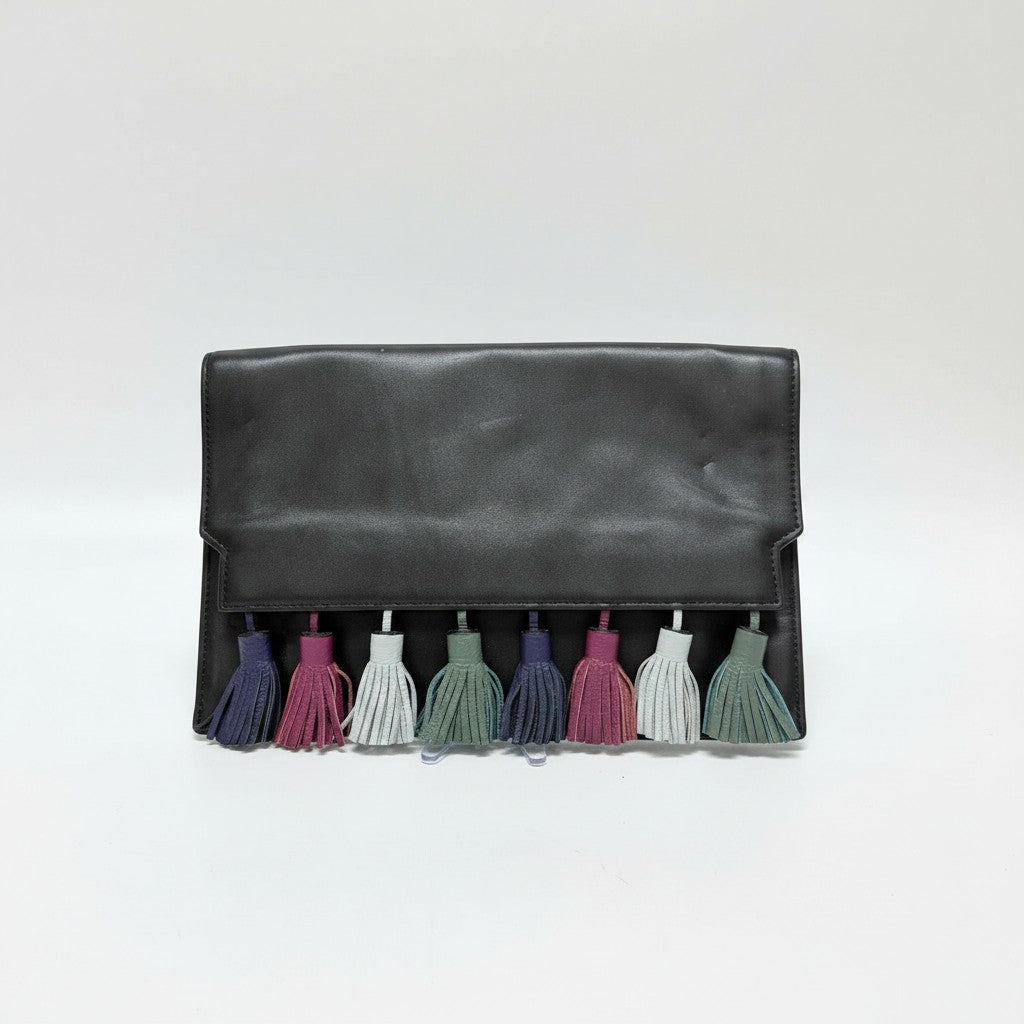 Lynn's Closet Boutique Rebecca Minkoff Sofia black leather clutch featuring a row of multi-colored suede tassels.
