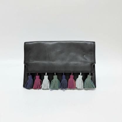 Lynn's Closet Boutique Rebecca Minkoff Sofia black leather clutch featuring a row of multi-colored suede tassels.