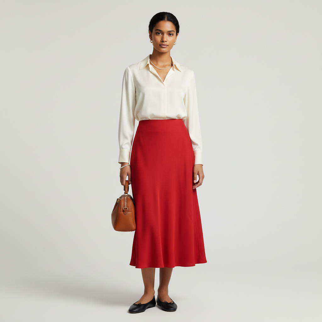 Model wearing a red Karen Kane bias-cut midi skirt with a white blouse, pearl necklace, and brown handbag.