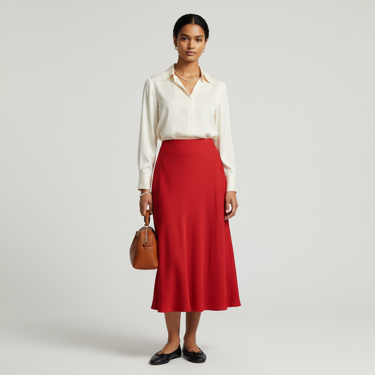 Model wearing a red Karen Kane bias-cut midi skirt with a white blouse, pearl necklace, and brown handbag.