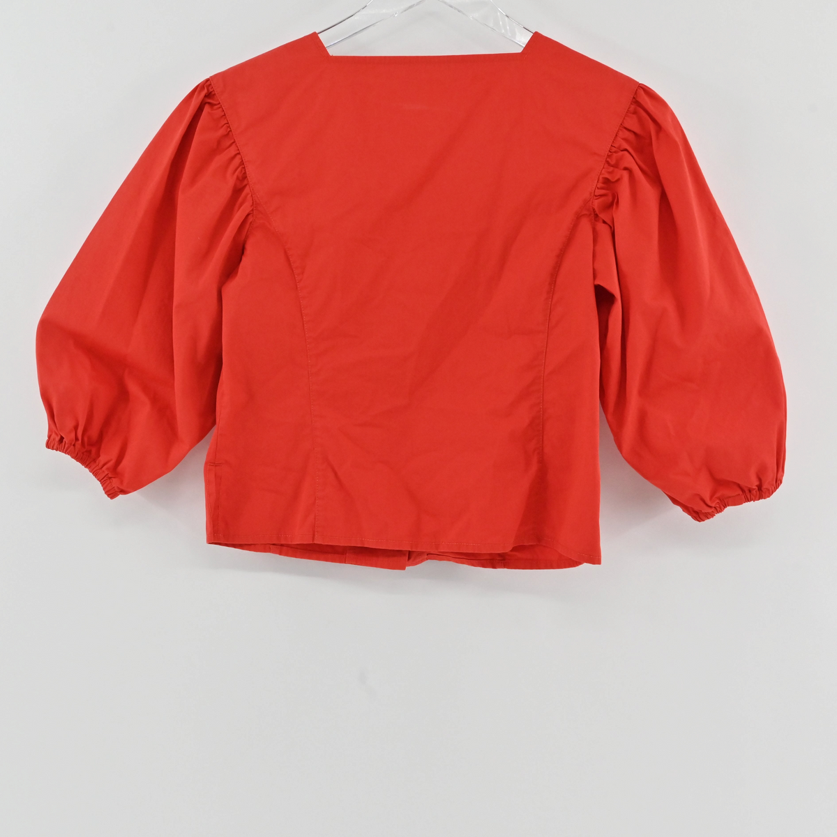 Lynn's Closet Boutique red Tory Burch cotton poplin cropped top with dramatic puff sleeves, back view.