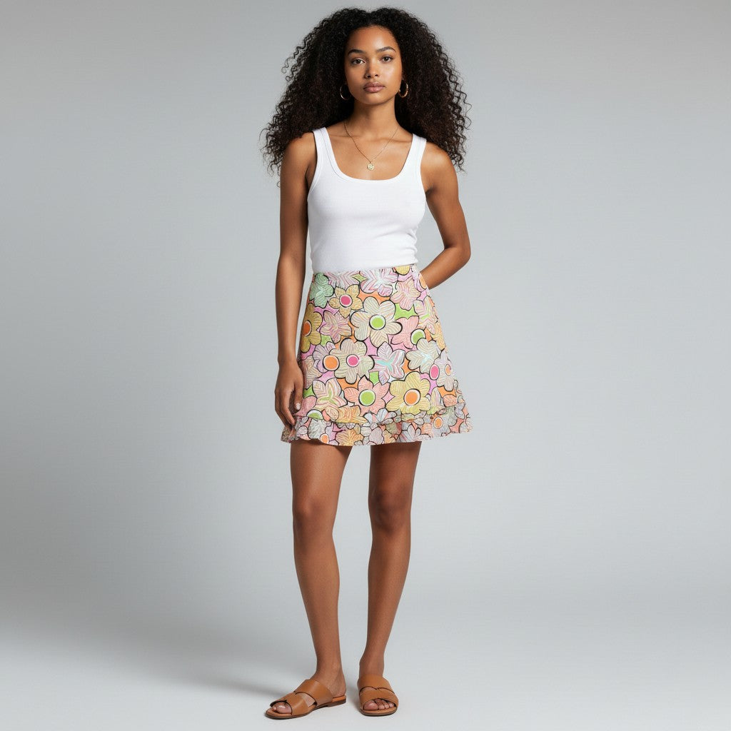 Lynn's Closet Boutique retro floral print mini skirt with ruffle hem, size 2. Features pastel pink, yellow, orange, and green flowers.