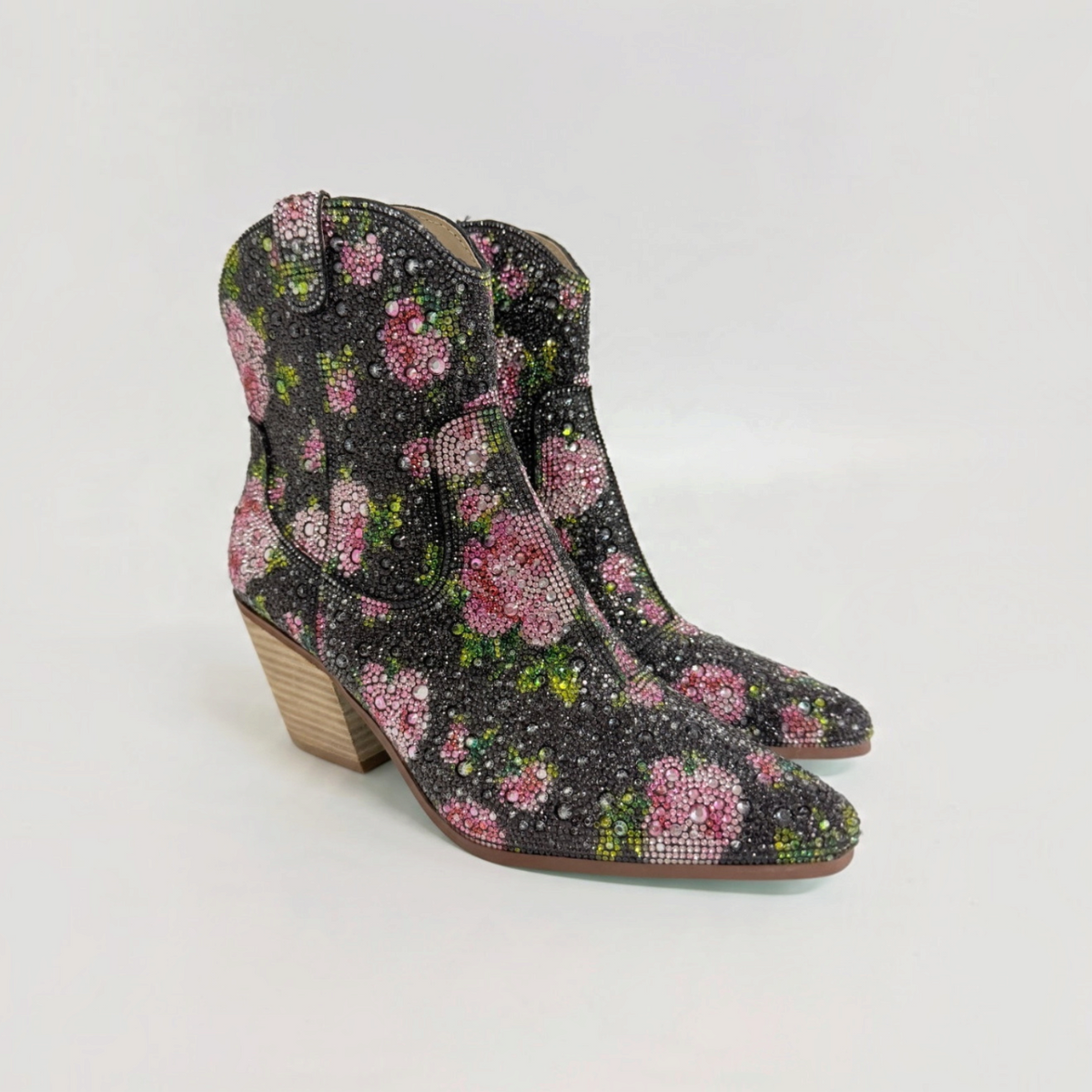 Lynn's Closet Boutique Betsey Johnson Emory black ankle booties with rhinestone floral pattern and block heel