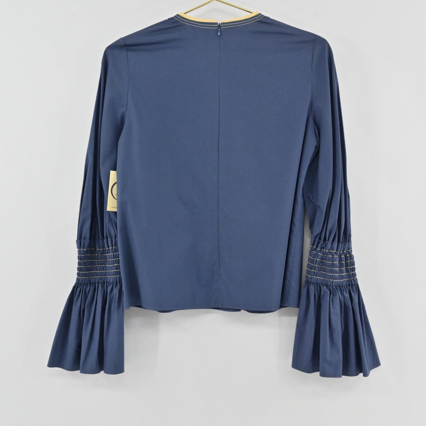 Lynn's Closet Boutique Roksanda blue cotton top with voluminous bell sleeves and smocked forearm detailing