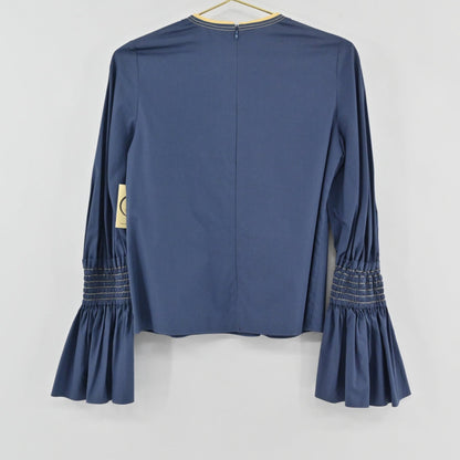 Lynn's Closet Boutique Roksanda blue cotton top with voluminous bell sleeves and smocked forearm detailing