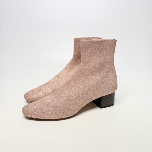 Lynn's Closet Boutique Loeffler Randall Carter ankle booties in shimmering rose gold glitter with a block heel.