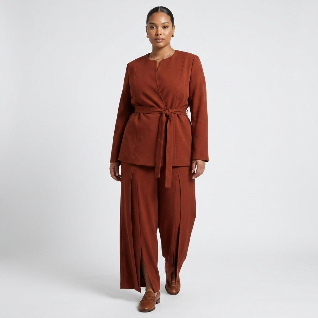Model wearing a Lynn's Closet Boutique Andrea Iyamah rust-brown wrap blazer and wide-leg trousers with front slits.