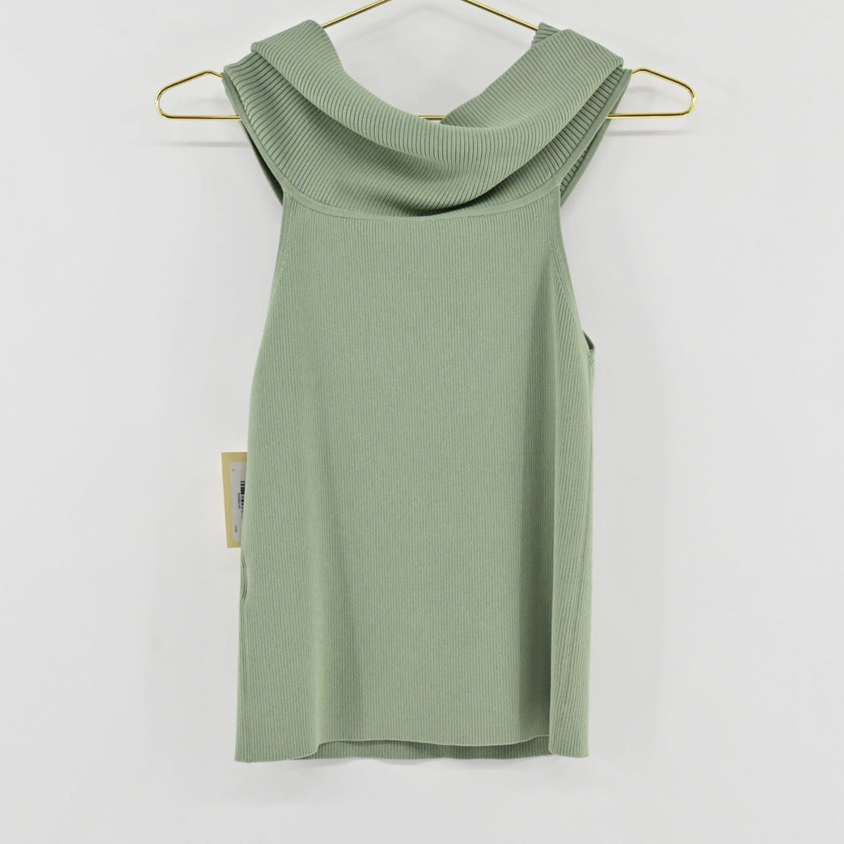 Lynn's Closet Boutique sage green Alice + Olivia sleeveless ribbed top with an elegant cowl neckline on a hanger