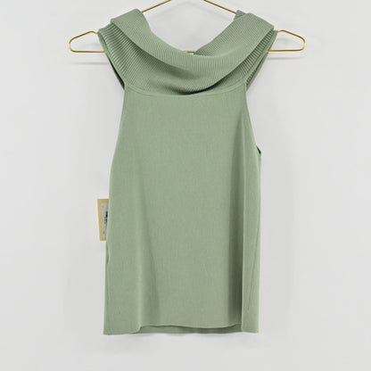 Lynn's Closet Boutique sage green Alice + Olivia sleeveless ribbed top with an elegant cowl neckline on a hanger