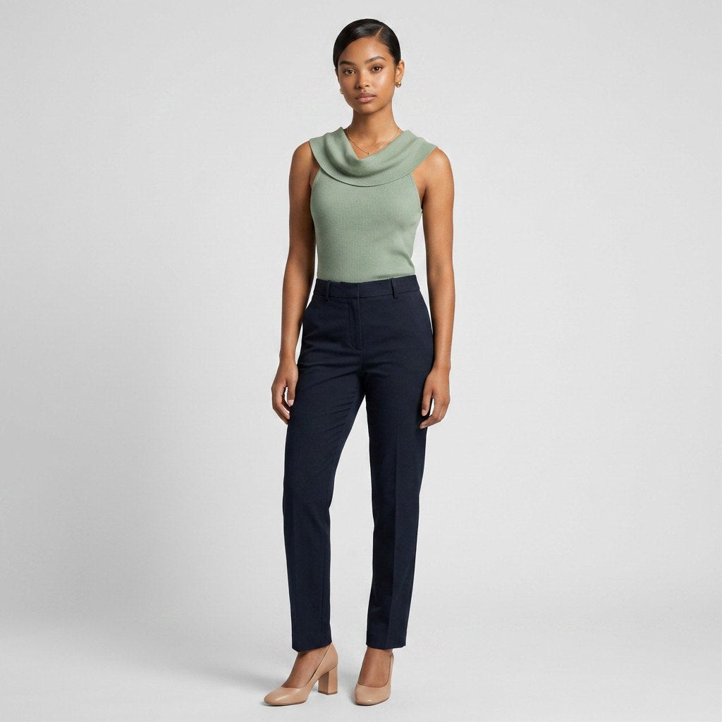 Lynn's Closet Boutique Alice + Olivia sage green sleeveless ribbed top with a cowl neckline worn by a model