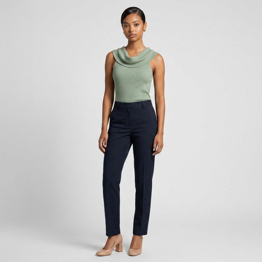 Lynn's Closet Boutique Alice + Olivia sage green sleeveless ribbed top with a cowl neckline worn by a model