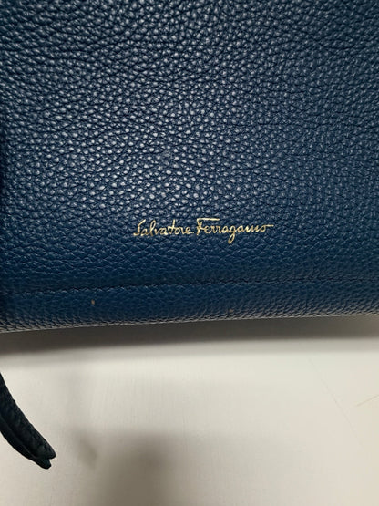 Lynn's Closet Boutique Salvatore Ferragamo Amy blue pebbled leather tote bag with gold logo detail