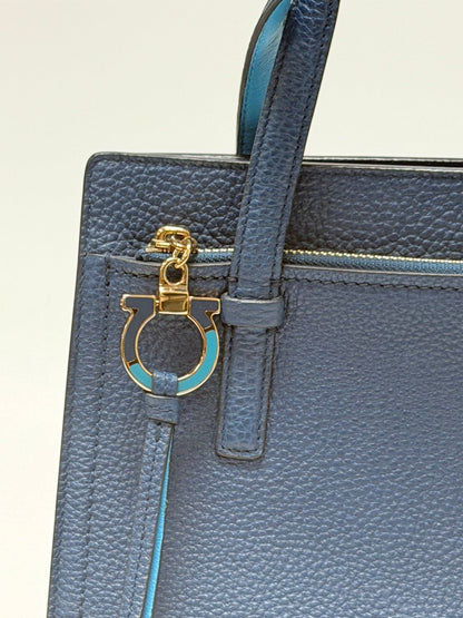 Lynn's Closet Boutique Salvatore Ferragamo Amy blue pebbled leather tote bag with gold Gancini charm zip detail