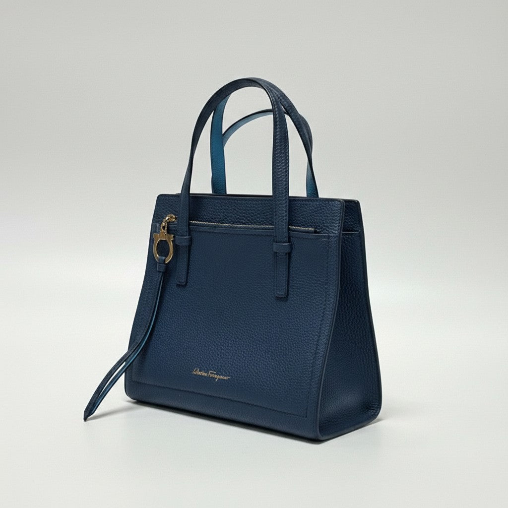 Lynn's Closet Boutique Salvatore Ferragamo Amy small blue pebbled leather tote bag with gold Gancini charm