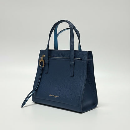 Lynn's Closet Boutique Salvatore Ferragamo Amy small blue pebbled leather tote bag with gold Gancini charm
