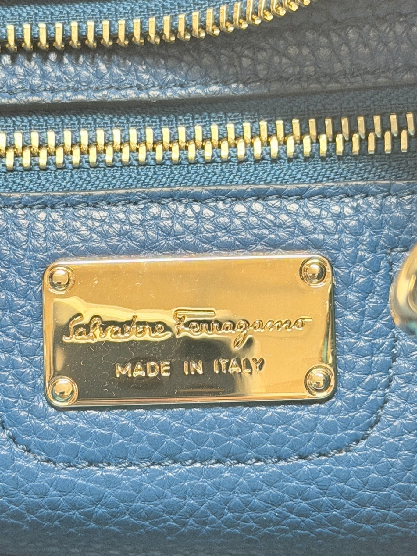 Lynn's Closet Boutique Salvatore Ferragamo blue pebbled leather tote interior gold logo plaque