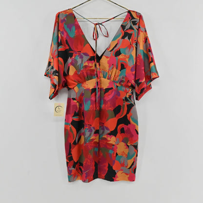 Lynn's Closet Boutique Aidan Mattox satin mini dress with vibrant floral print, V-neck, and kimono sleeves.