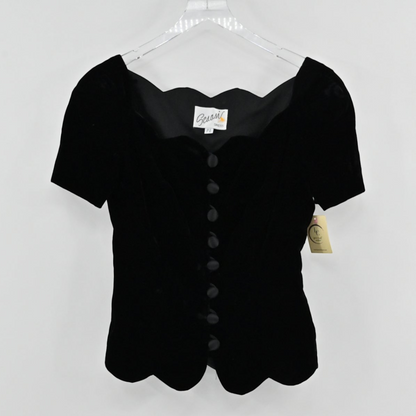 Lynn's Closet Boutique vintage 80s Scaasi black velvet jacket with a scalloped neckline and fabric-covered buttons.