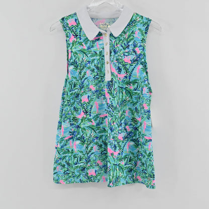 Lynn's Closet Boutique sleeveless athletic polo with a white collar and blue tropical print featuring pink accents.
