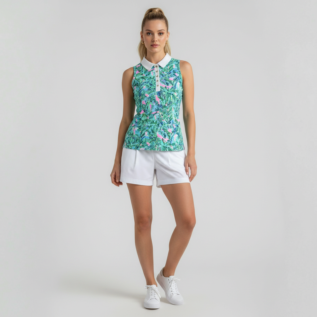Model wearing a Lynn's Closet Boutique sleeveless polo with a blue and green tropical print and white collar