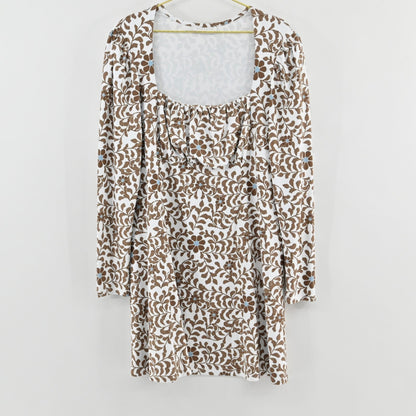 Lynn's Closet Boutique Smith Quinn white floral dress with brown botanical print, square neckline, and long sleeves.