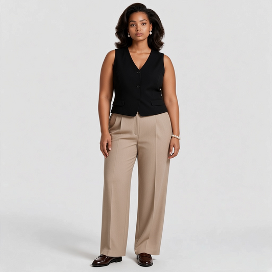 Model wearing a Lynn's Closet Boutique Spanx black tailored vest with a v-neck, button front, and tan trousers.