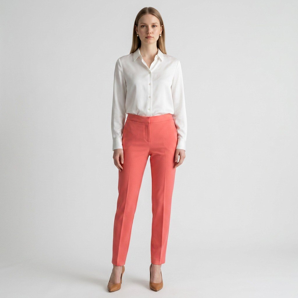 Model wearing Lynn's Closet Boutique St. John coral slim-leg trousers with a white button-down shirt and heels