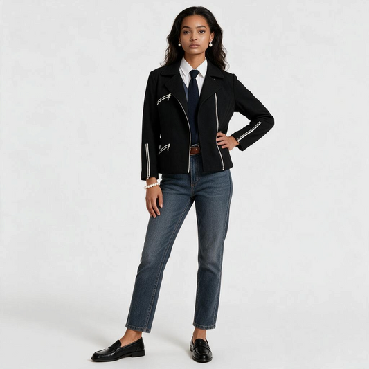 Model wearing a Lynn's Closet Boutique St. John Sport black moto jacket with white-trimmed zippers over a shirt and tie