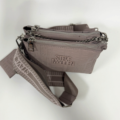 Lynn's Closet Boutique Steve Madden taupe crossbody bag with embossed logo, silver hardware, and branded webbing strap