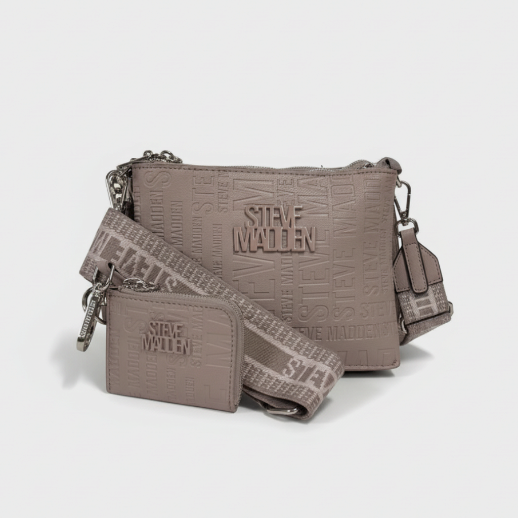 Lynn's Closet Boutique taupe Steve Madden Bvice crossbody bag with embossed logo pattern and detachable coin purse