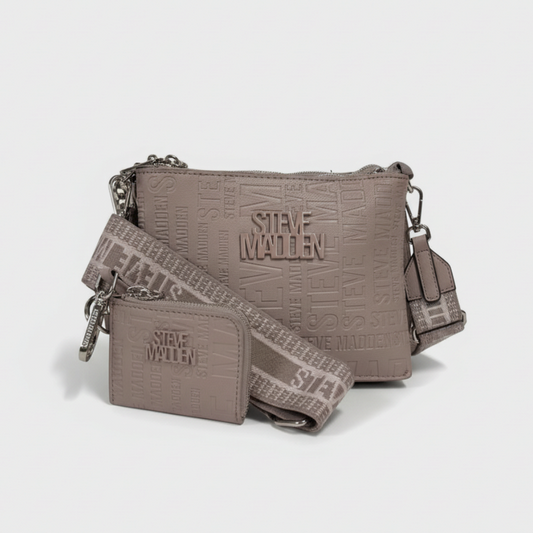 Lynn's Closet Boutique taupe Steve Madden Bvice crossbody bag with embossed logo pattern and detachable coin purse