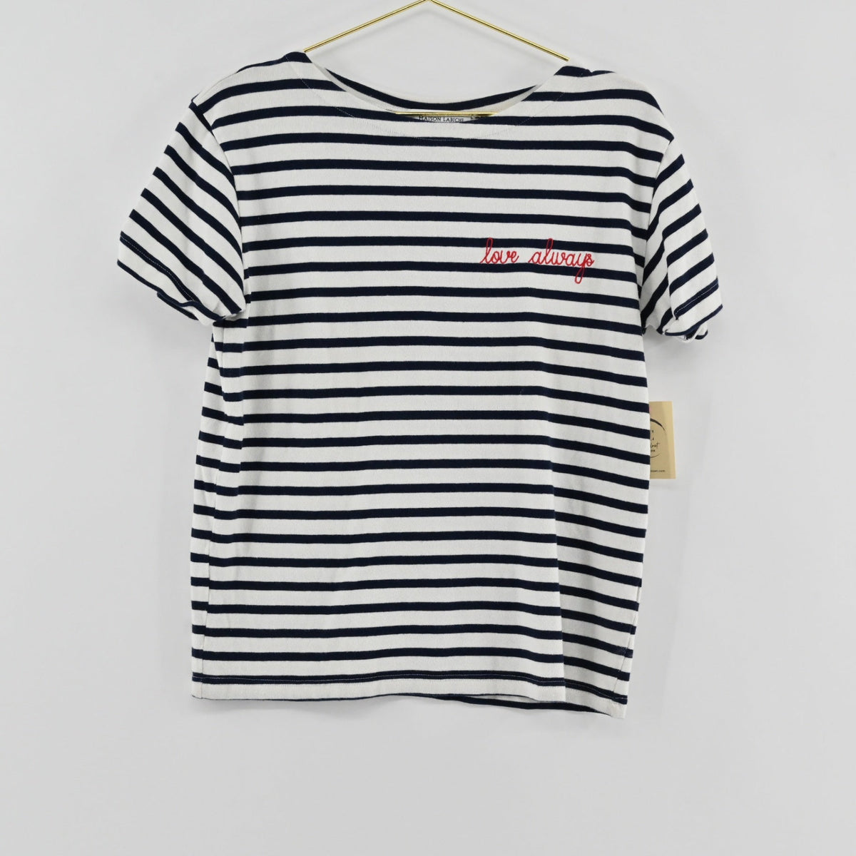 Lynn's Closet Boutique Maison Labiche Paris navy and white striped cotton t-shirt with red love always embroidery