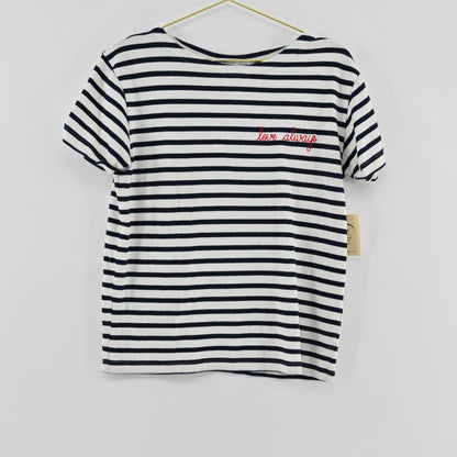 Lynn's Closet Boutique Maison Labiche Paris navy and white striped cotton t-shirt with red love always embroidery