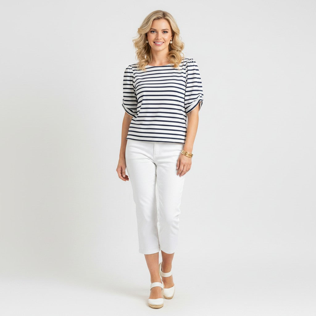 Lynn's Closet Boutique navy and white striped cotton top with boat neckline and short sleeves, size XL.