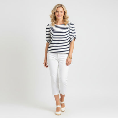 Lynn's Closet Boutique navy and white striped cotton top with boat neckline and short sleeves, size XL.