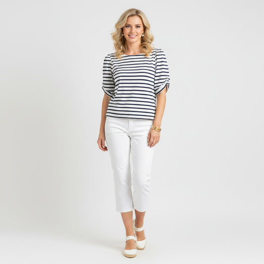 Lynn's Closet Boutique navy and white striped cotton top with boat neckline and short sleeves, size XL.