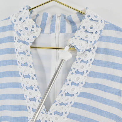 Lynn's Closet Boutique Eliza J blue and white striped shift dress with white eyelet lace trim on the notched neckline