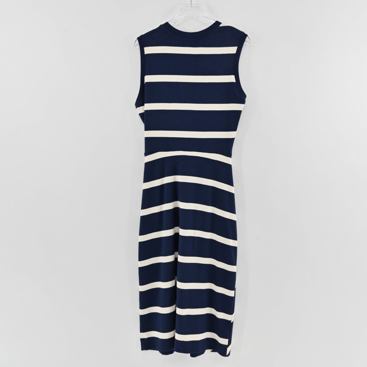 Lynn's Closet Boutique Tanya Taylor navy and cream striped sleeveless midi dress with a twist front waist detail