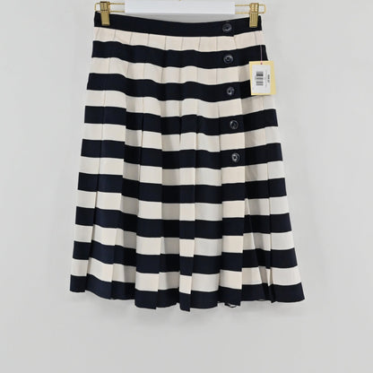 Lynn's Closet Boutique Ellen Tracy knee-length pleated skirt in navy and cream stripes with side button detail.