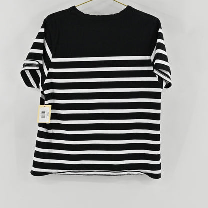 Back view of a La Ligne black and white horizontal striped t-shirt from Lynn's Closet Boutique with a crew neckline.