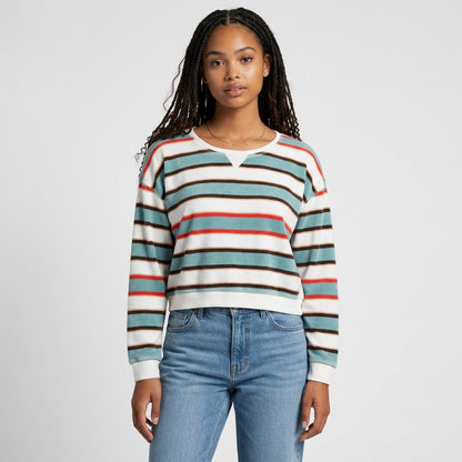 Model wearing a Lynn's Closet Boutique Abercrombie & Fitch striped velour sweatshirt with blue, red, and brown stripes.